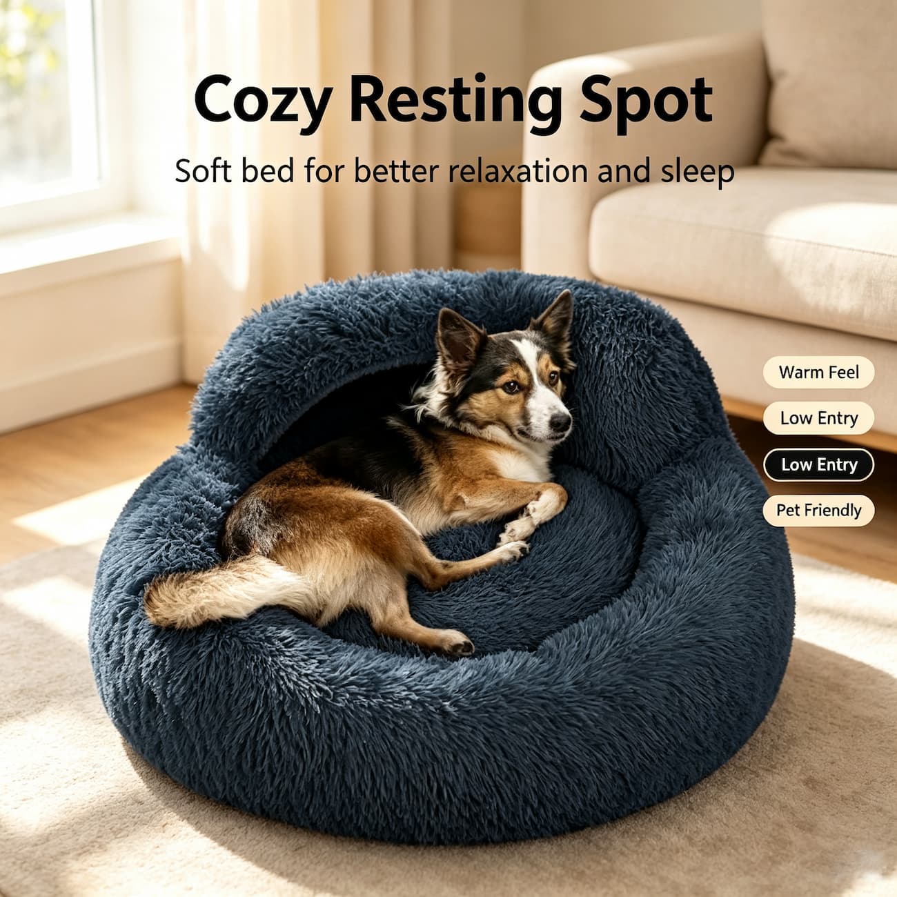Round Pet Bed | Soft Plush Calming Pet Bed with Low Entry & Cozy Interior for Dogs and Cats